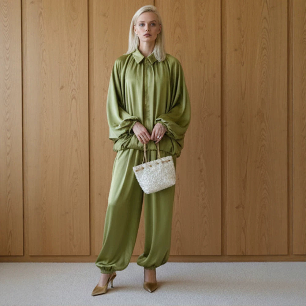 Damen Elegantes Satin-Zweiteiler-Set mit Oversize-Blouson und weiter Palazzo-Hose Drune