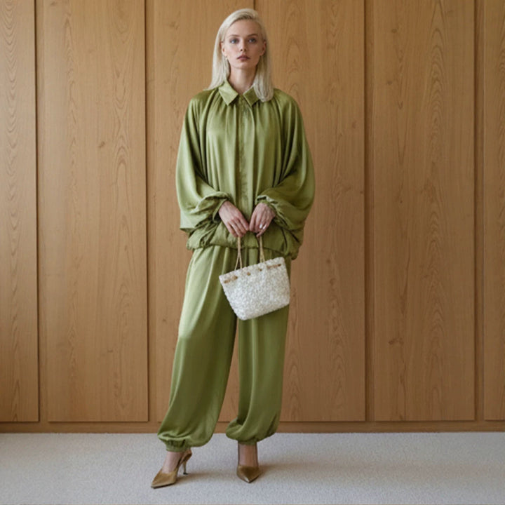 Damen Elegantes Satin-Zweiteiler-Set mit Oversize-Blouson und weiter Palazzo-Hose Drune