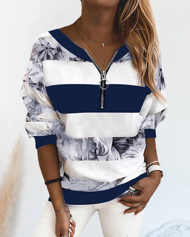 Damen nan weit geschnittenes Sweatshirt mit Ringreißverschluss, Blockstreifen und floralem Einsatz Drune