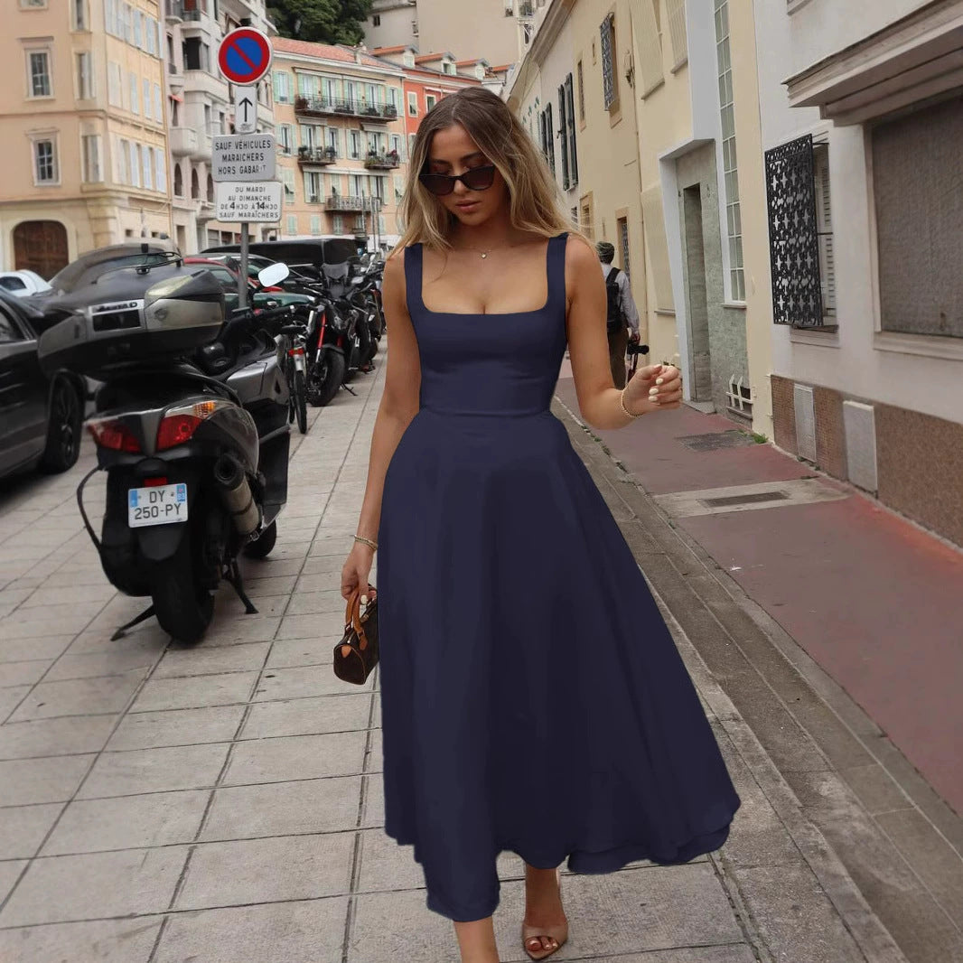 Damen Elegantes Maxikleid mit quadratischem Ausschnitt und fließendem Rock Drune