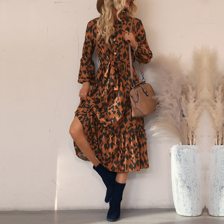 Damen Midikleid mit Animal-Print, Knopfleiste, Taillengürtel und Stufenrock Drune