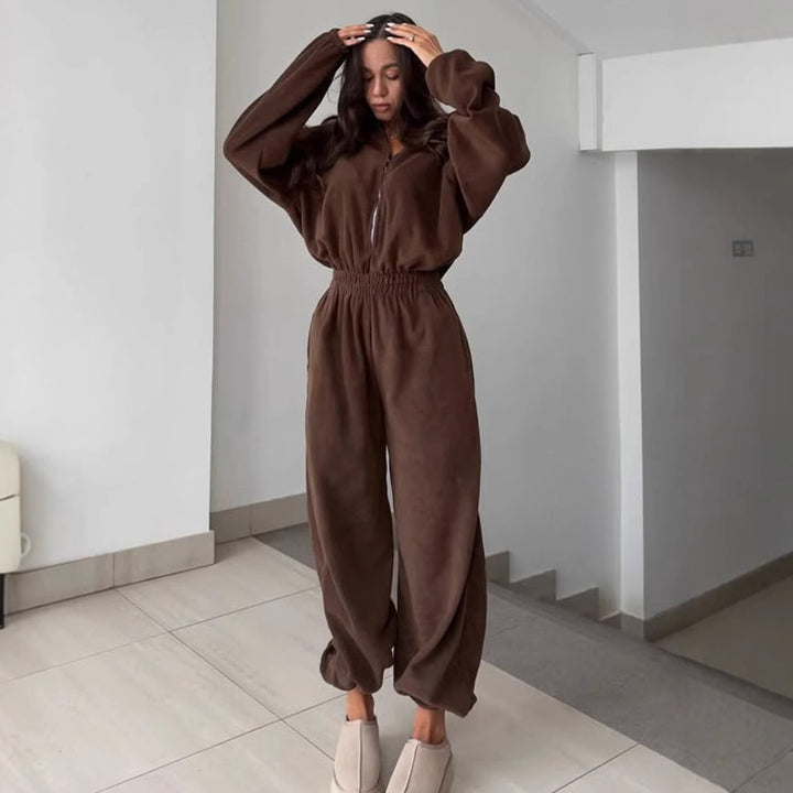 Damen kuscheliger Plüsch-Jumpsuit mit halbem Reißverschluss und elastischer Taille Drune