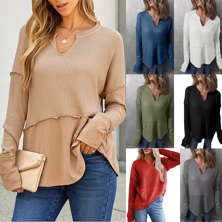 Damen Oversize-Pullover mit Waffle-Struktur, V-Notch und überschnittener Schulter Drune