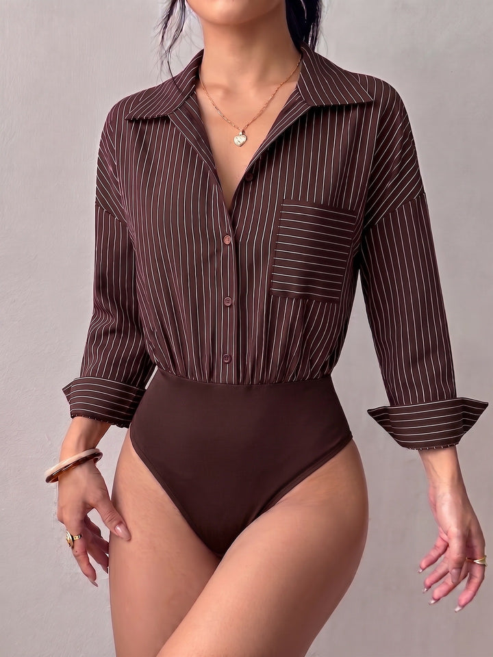 Damen Hemd-Body mit taillierter Passform, Kentkragen und feinem Streifenmuster Drune