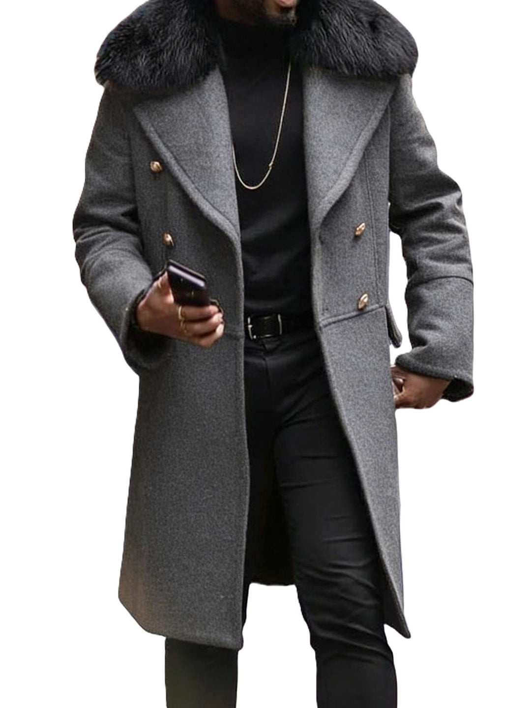 Herren Langer Doppelreihiger Mantel mit voluminösem Teddykragen und eleganten Metallknöpfen Drune