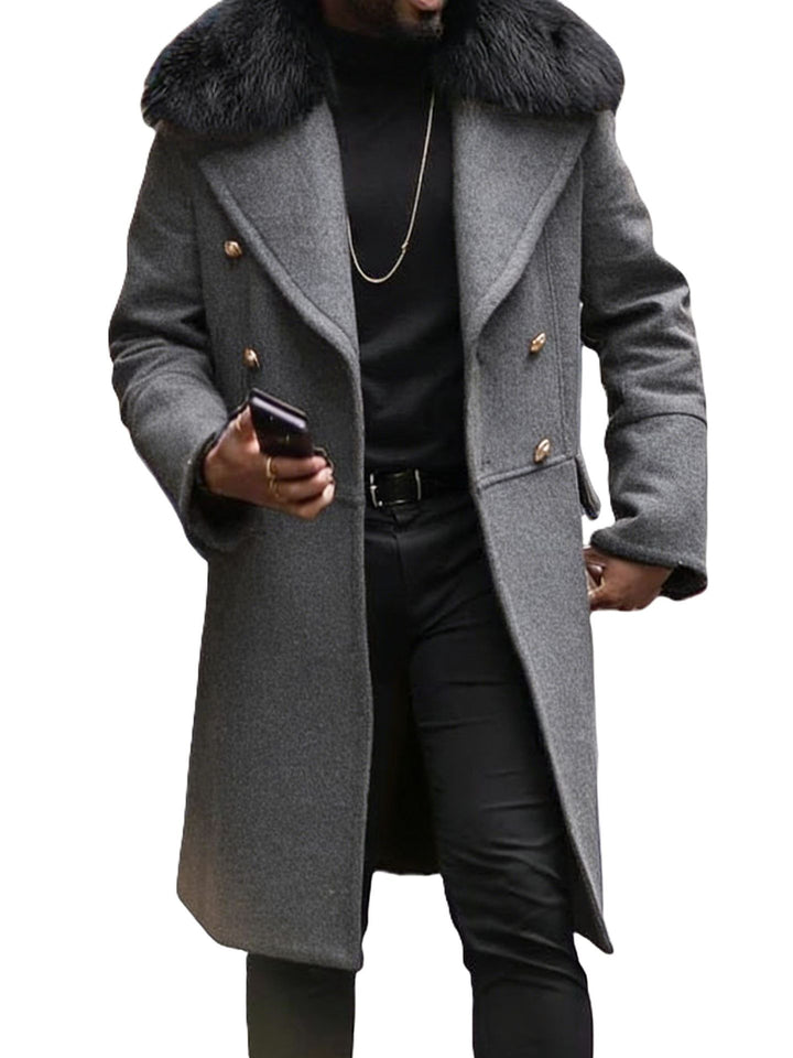 Herren Langer Doppelreihiger Mantel mit voluminösem Teddykragen und eleganten Metallknöpfen Drune