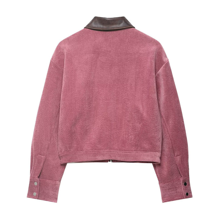 Damen Kurze Cord-Collegejacke mit Kunstlederkragen und aufgesetzten Pattentaschen Drune