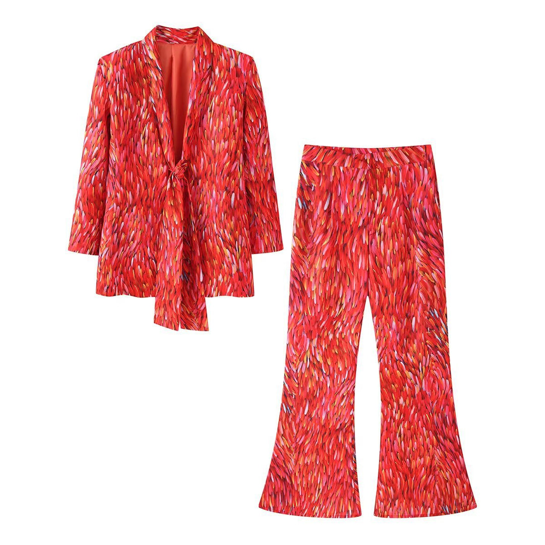 Damen Zweiteiliges Satin-Set mit lockerem Knotenblazer und ausgestellter Schlaghose Drune