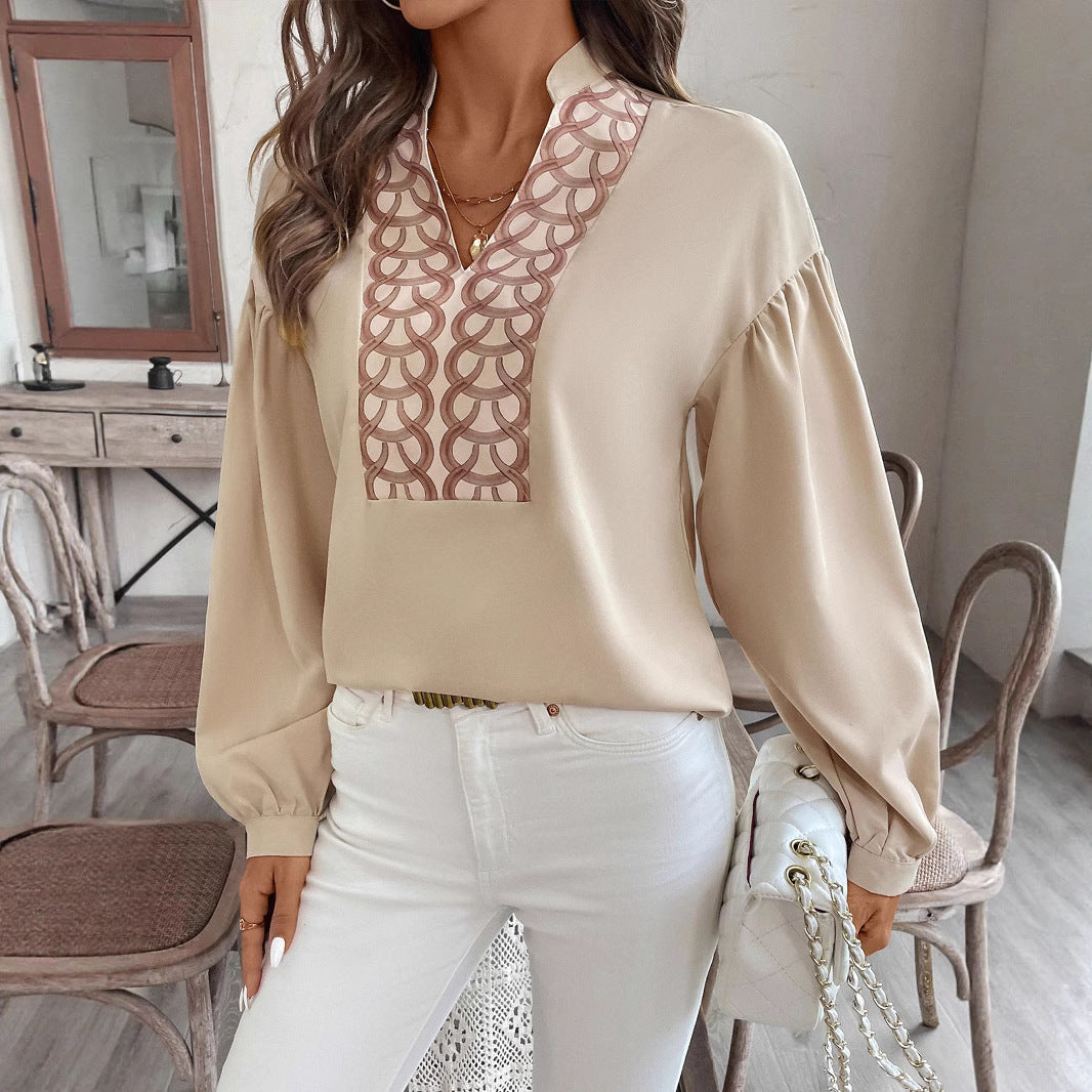 Damen Bluse mit Stehkragen, bestickter V‑Passe und ballonärmeln Drune