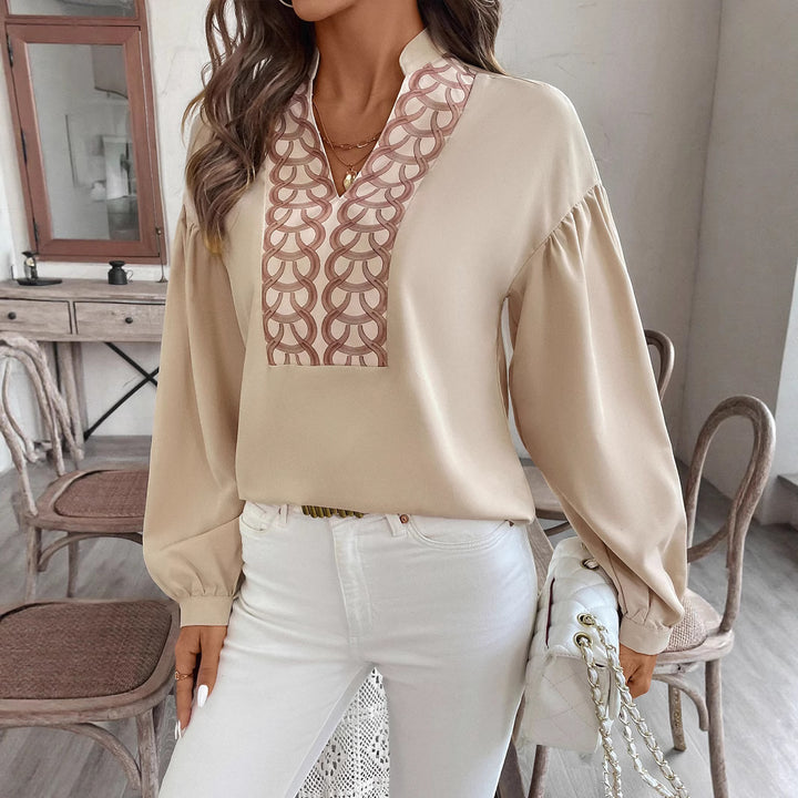 Damen Bluse mit Stehkragen, bestickter V‑Passe und ballonärmeln Drune