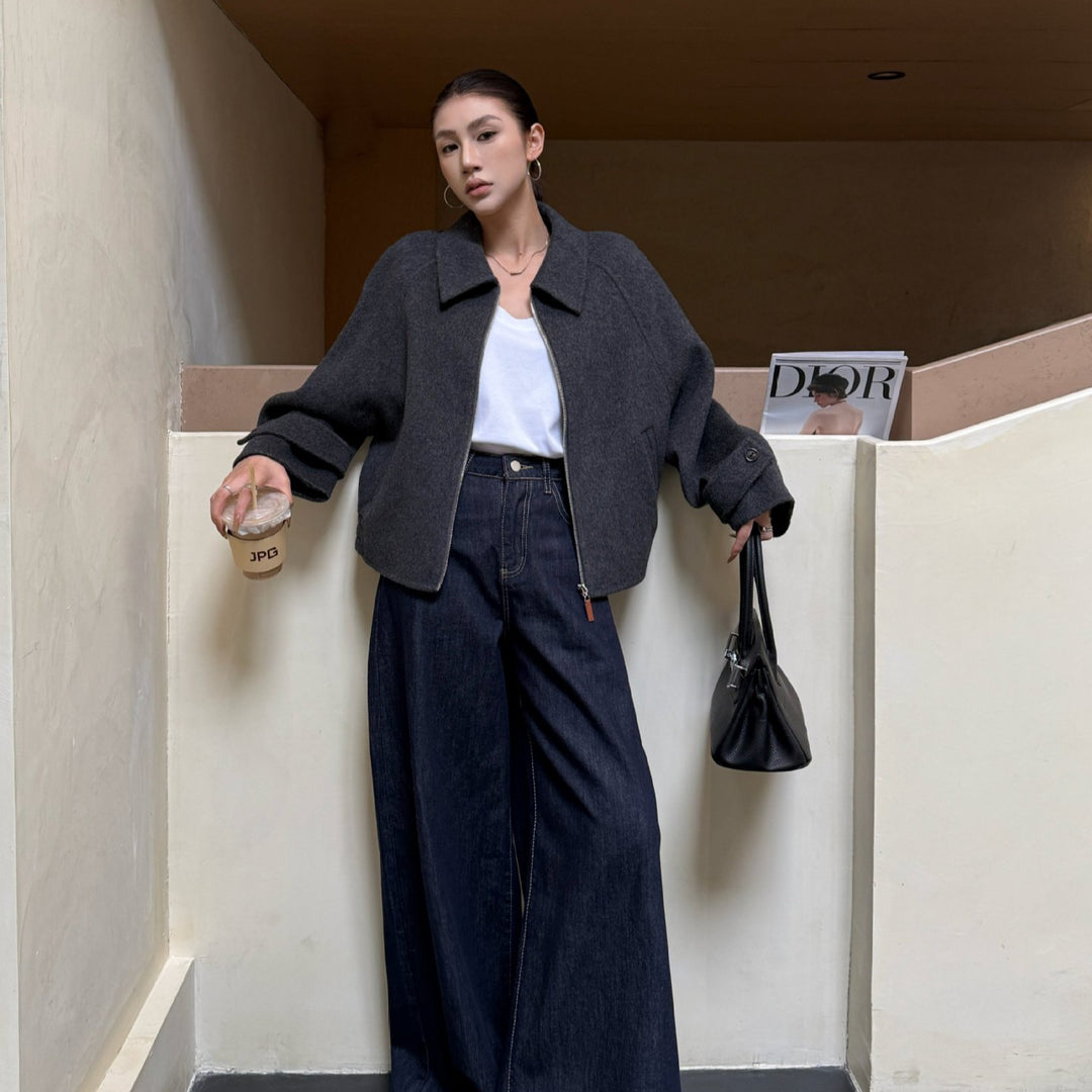 Damen Kurzjacke aus Wollmix mit Reißverschluss und weitem Kragen Drune
