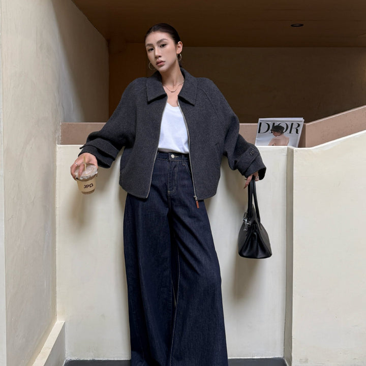 Damen Kurzjacke aus Wollmix mit Reißverschluss und weitem Kragen Drune
