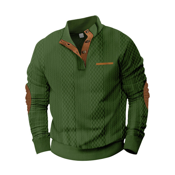 Herren Strukturiertes Kabelstrick-Sweatshirt mit Halbknopfblende, Kunstleder‑Patchtasche & Ellbogenpatches Drune