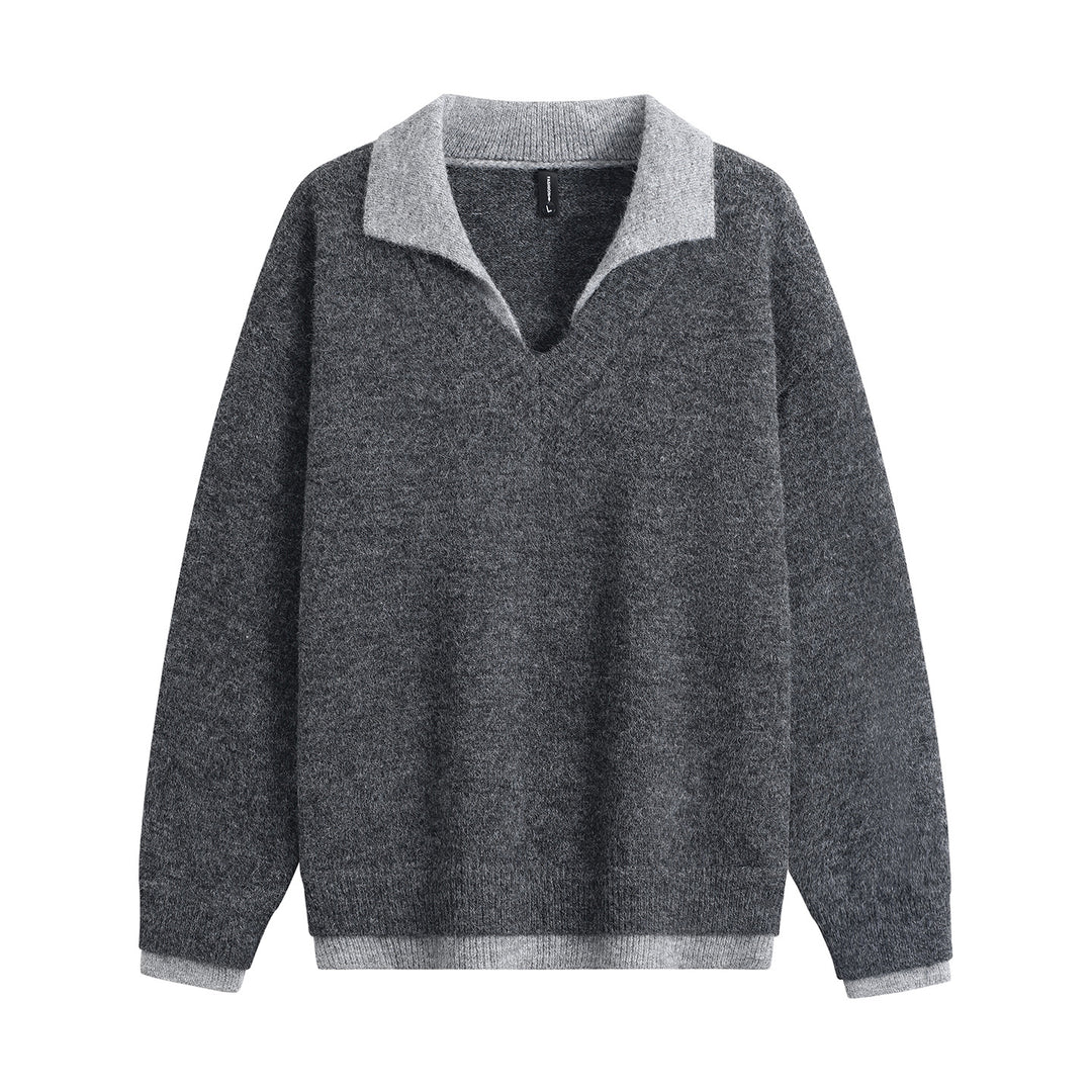 Herren Oversize-Pullover mit kontrastierendem Kragen, V‑Ausschnitt und weichem Fleeceinnenfutter Drune
