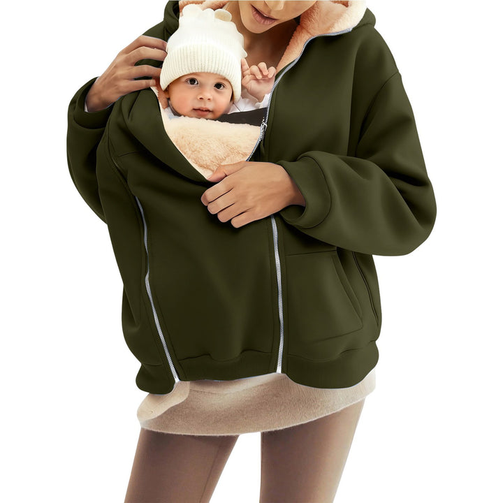Damen nan Babytrage-Hoodie mit Teddyfutter und Zweiwege-Reißverschluss Drune