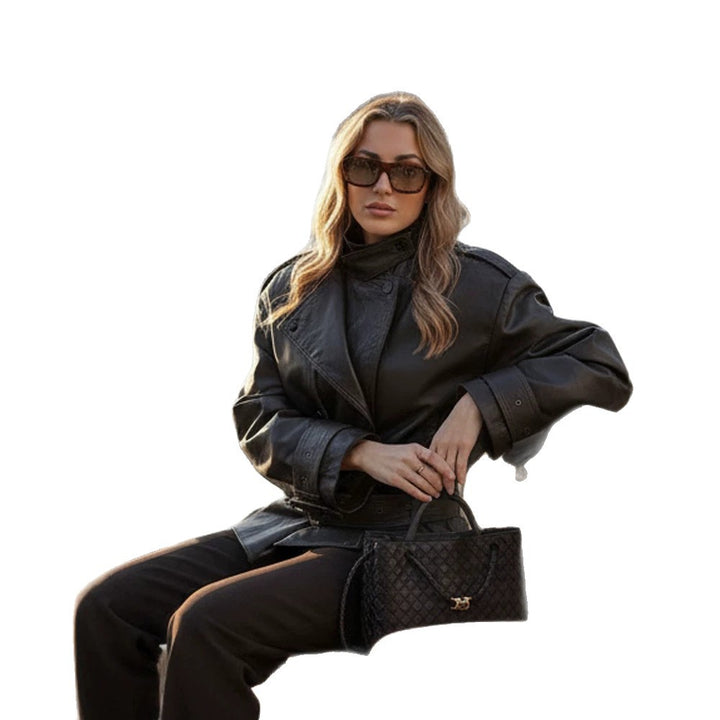 Damen Oversize-Ledertrench mit breitem Taillengürtel, Schnallenärmeln und Stehkragen Drune