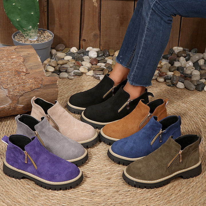 Damen Kurzschaft-Stiefelette aus Veloursoptik mit robust profilierter Sohle und seitlichem Reißverschluss Drune