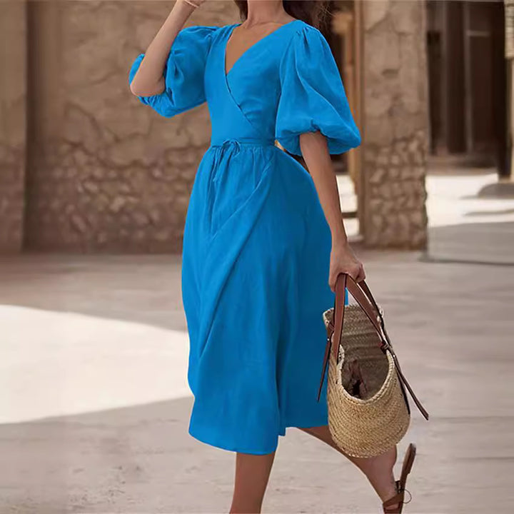 Damen Wickelkleid mit Puffärmeln und Taillengürtel Drune