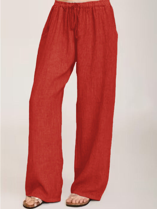 Damen Weite Leinenhose mit elastischem Bund und Seitentaschen Drune