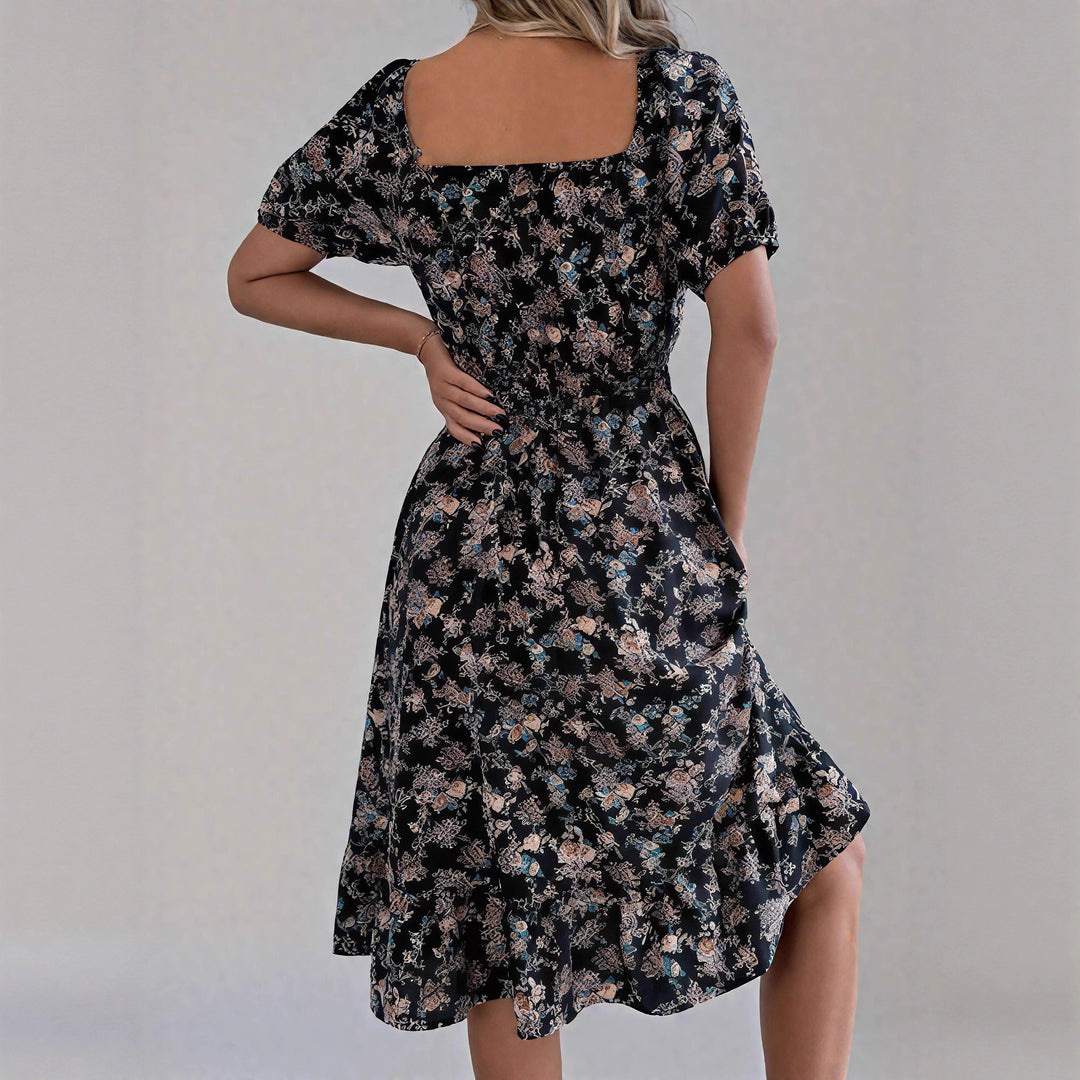 Damen sommerliches Blumenkleid mit Puffärmeln und Rüschensaum Drune