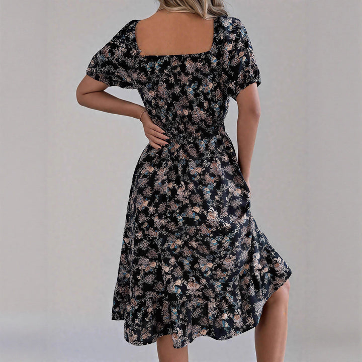 Damen sommerliches Blumenkleid mit Puffärmeln und Rüschensaum Drune