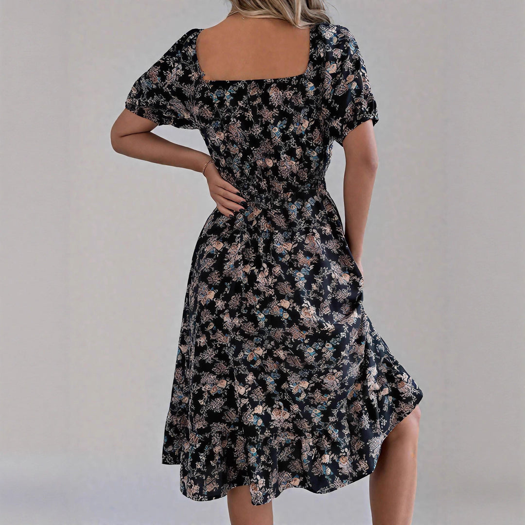Damen sommerliches Blumenkleid mit Puffärmeln und Rüschensaum Drune