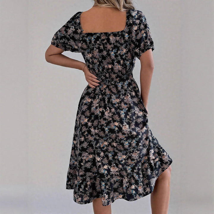 Damen sommerliches Blumenkleid mit Puffärmeln und Rüschensaum Drune