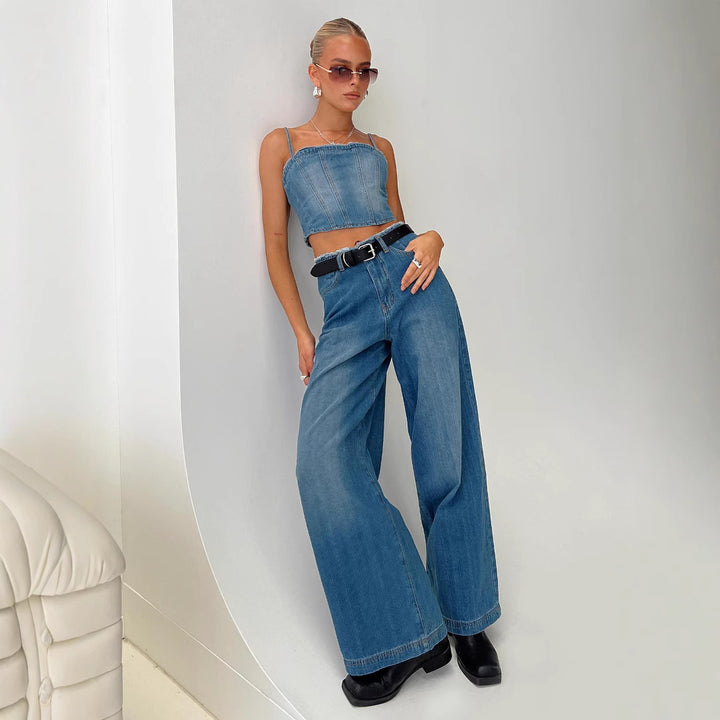 Damen weite Denim-Jeans mit hohem Bund und fransigem Saum Drune