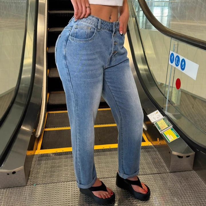 Damen Hochtaillierte Relaxed‑Straight‑Jeans mit sichtbarer Knopfleiste und Umschlag Drune