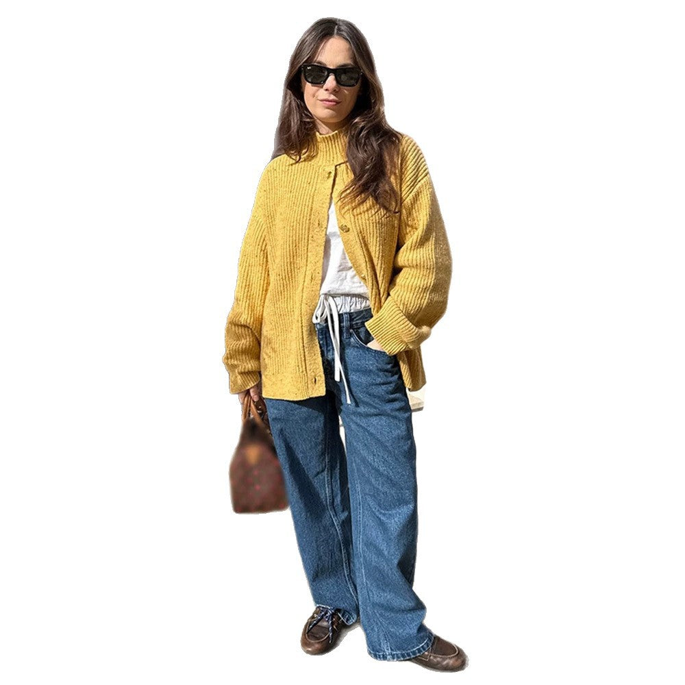 Damen Oversize-Strickjacke mit Rippenstruktur und Stehkragen Drune