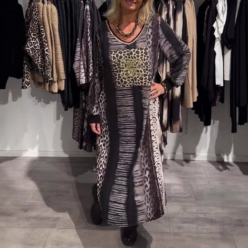 Damen nan fließendes Paneel-Longdress mit Patchwork-Animalprint und goldfarbener Brustapplikation Drune