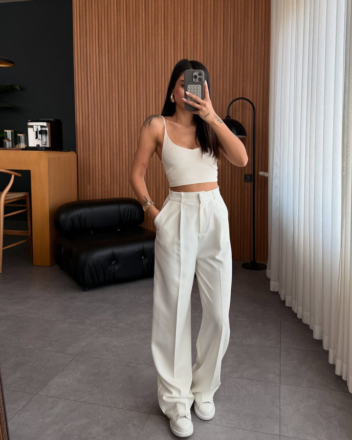 Damen hochgeschnittene Stoffhose mit geradem Bein Drune
