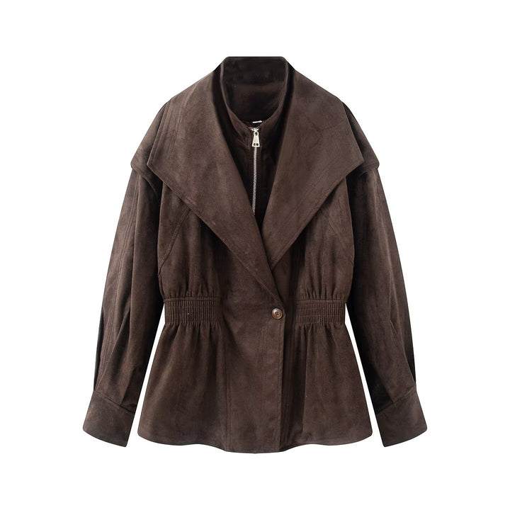 Damen Taillierte Jacke in Wildlederoptik mit großem Schalkragen, Reißverschluss und geraffter Taille Drune