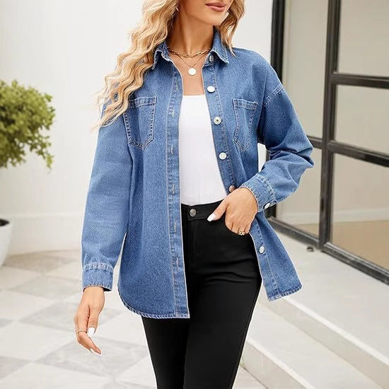 Damen Oversize Denim-Hemdjacke mit aufgesetzten Brusttaschen und lässigem Schnitt Drune