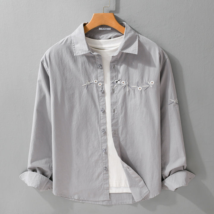 Damen Lockeres besticktes Baumwoll-Overshirt mit Kentkragen und Layering‑Detail Drune