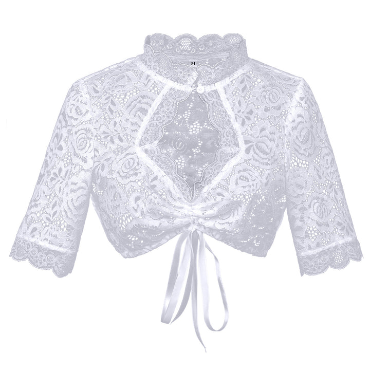 Damen nan Spitzenbolero Bluse mit Stehkragen, 3/4 Ärmeln und Bindeband Drune