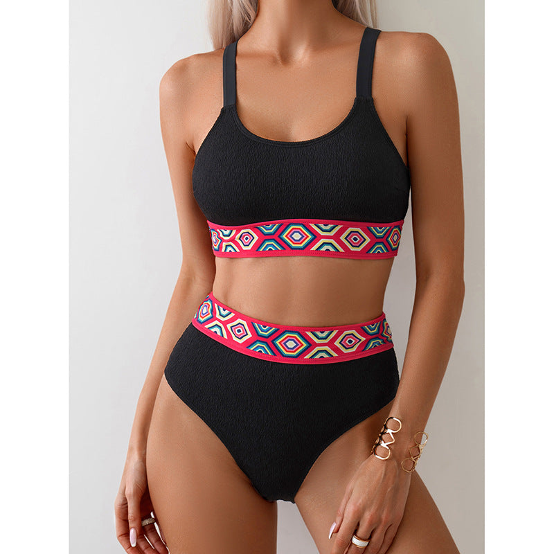 Damen Sportlicher Hochtaillen-Bikini mit buntem elastischen Bund Drune