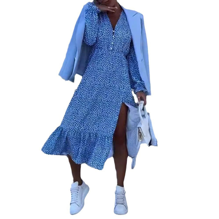 Damen nan Viskose-Midikleid mit V-Ausschnitt, Knopfleiste, gerafftem Tailleneinsatz und asymmetrischem Volant Drune