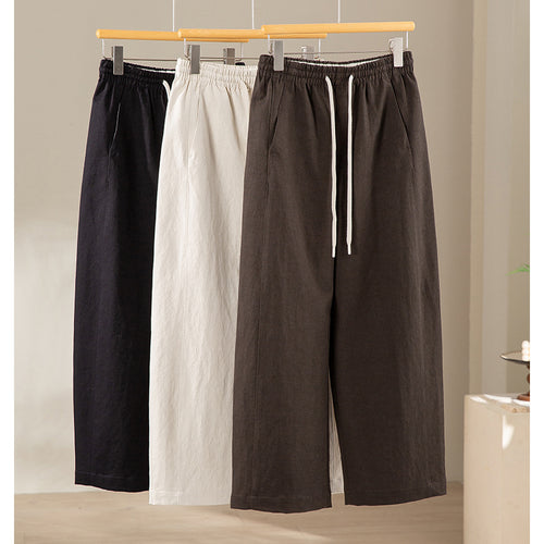 Damen Weite High‑Waist Leinenmix-Hose mit elastischem Bund und Kordelzug Drune