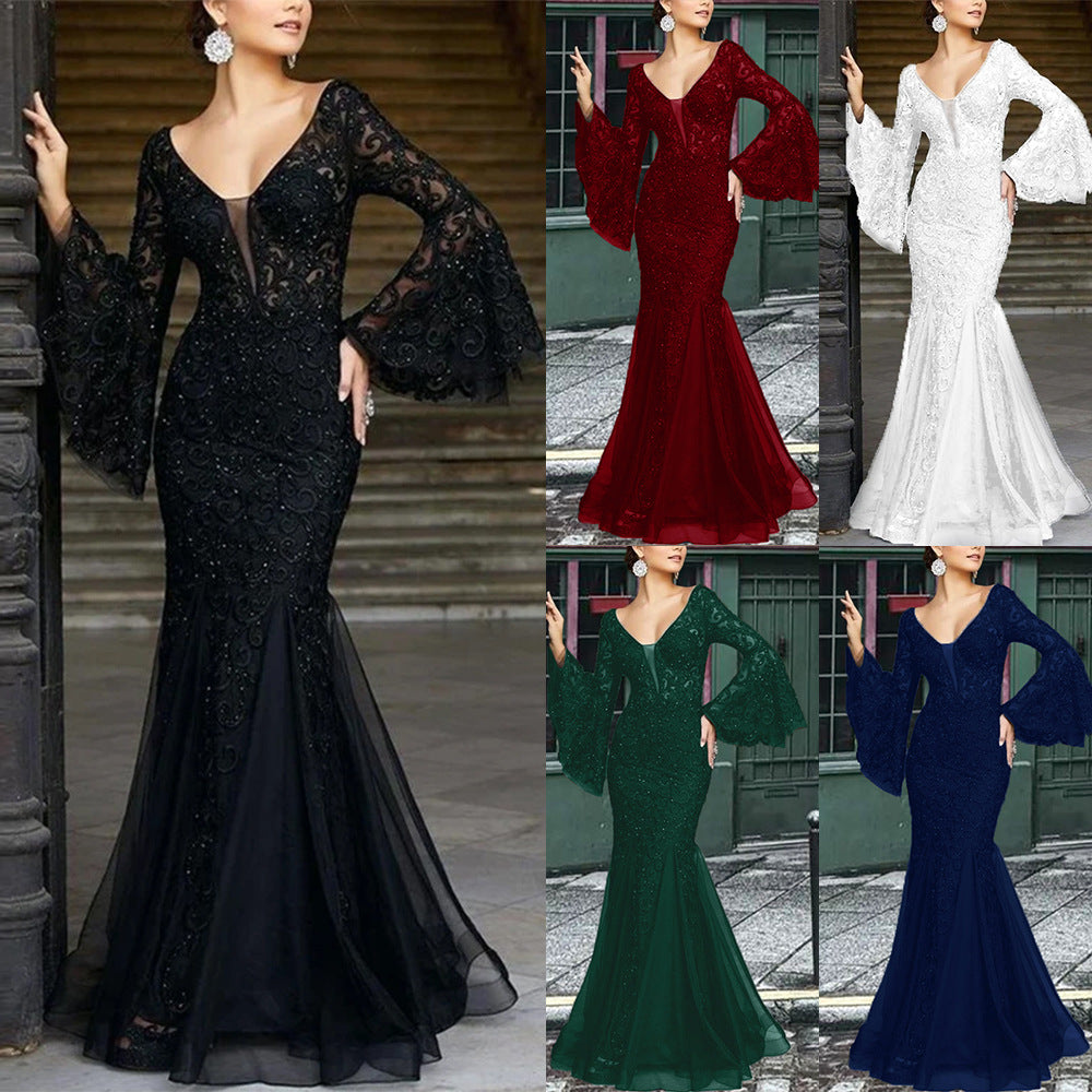 Drune | Spitzenbesticktes schwarzes Meerjungfrau Kleid Slim für den Abend