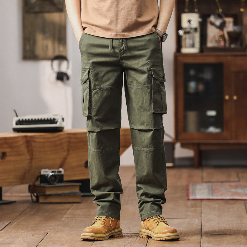 Herren Gerade geschnittene Canvas-Cargohose mit Klapp-Utility-Taschen und Kordelbund Drune