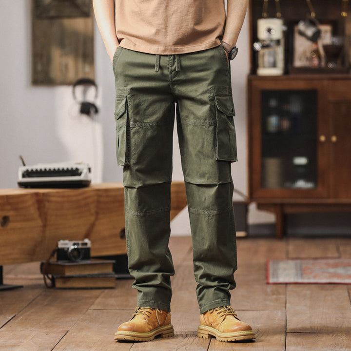 Herren Gerade geschnittene Canvas-Cargohose mit Klapp-Utility-Taschen und Kordelbund Drune