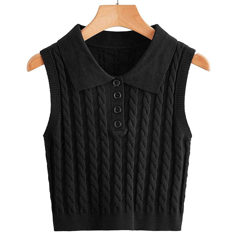 Damen Feinstrick-Ärmellose Polo-Weste mit Zopfmuster und tailliertem Schnitt Drune