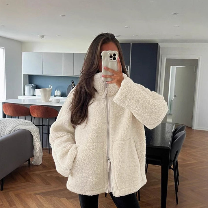 Damen nan oversized Sherpa-Outdoorjacke mit Zweiwege-Reißverschluss, hohem Stehkragen und verdeckten Eingrifftaschen Drune