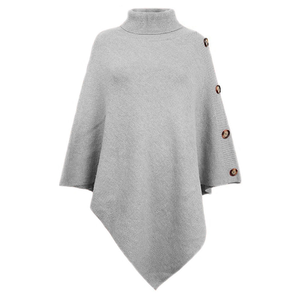 Damen nan asymmetrischer Strickponcho mit Rollkragen und dekorativer Knopfleiste Drune