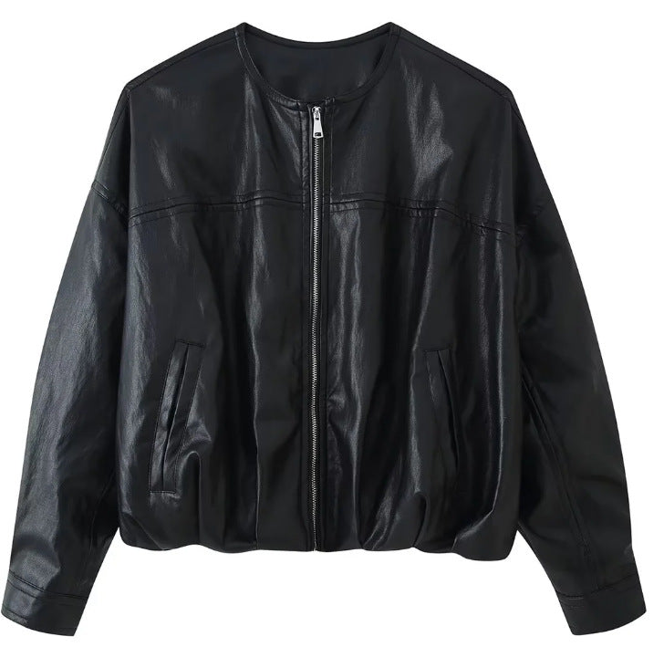 Damen Oversize Cropped Kunstleder‑Bomberjacke mit Rundhalsausschnitt und elastischem Saum Drune