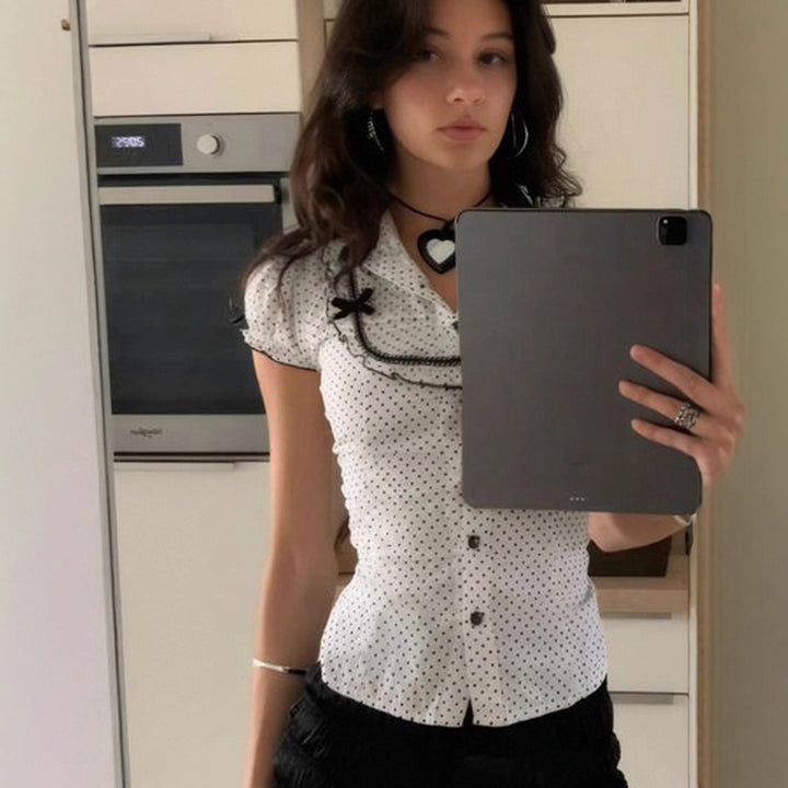 Damen Vintage Polka Dot Bluse mit Puffärmeln Drune