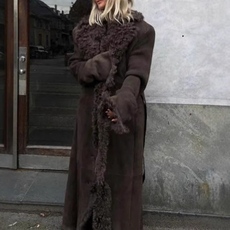 Damen Langer Teddy-Mantel mit luxuriösem Fellbesatz Drune