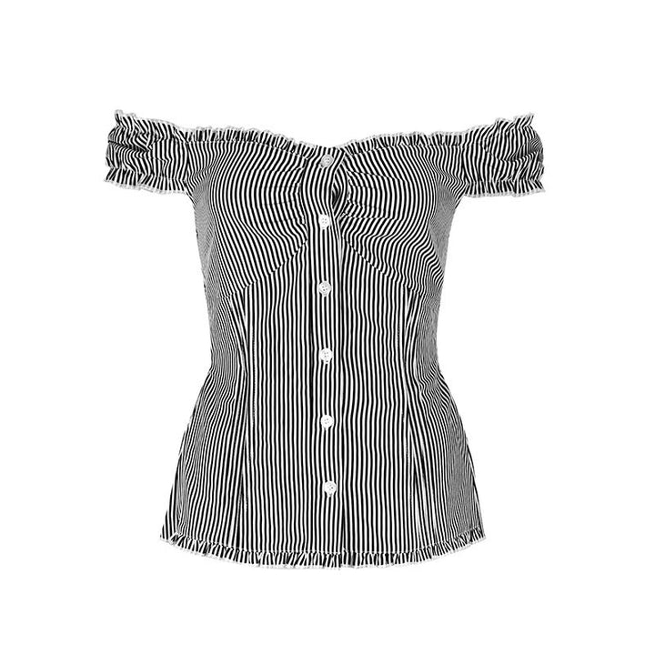 Damen Off-Shoulder Bluse mit feinen Rüschendetails und gestreiftem Muster Drune