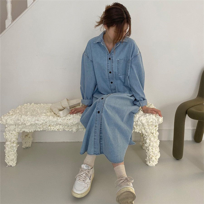 Damen Oversize-Denim-Maxikleid im Hemdstil mit Brusttasche und durchgehender Knopfleiste Drune